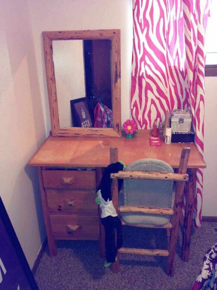 Wood desk, mirror, and chair