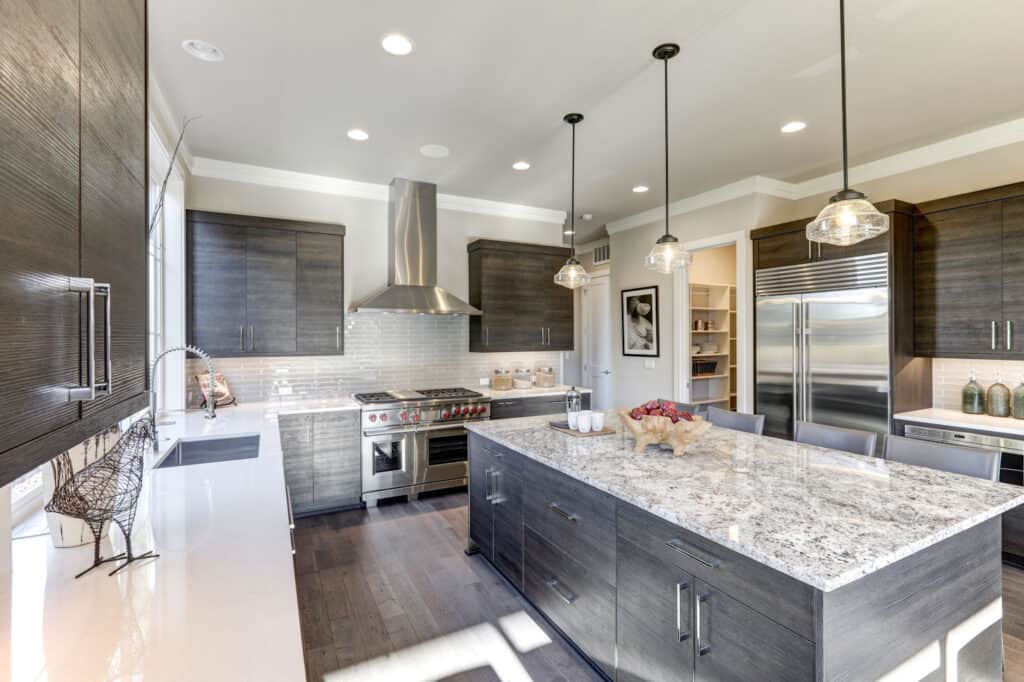 Contrasting quartz on countertops and island.