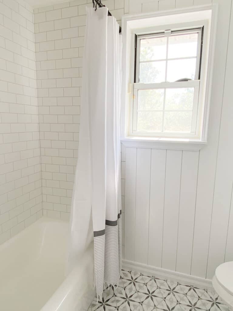 shiplap and subway tile bathroom