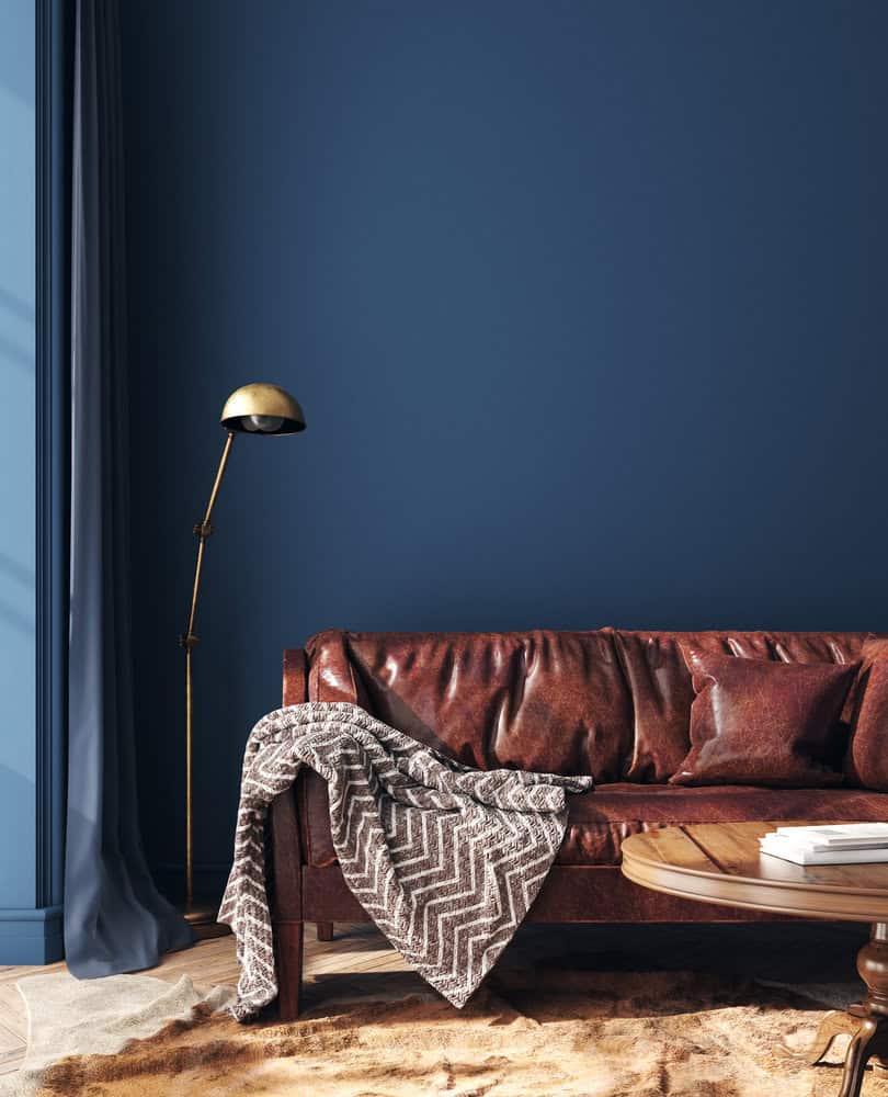 navy blue accent wall with brown sofa