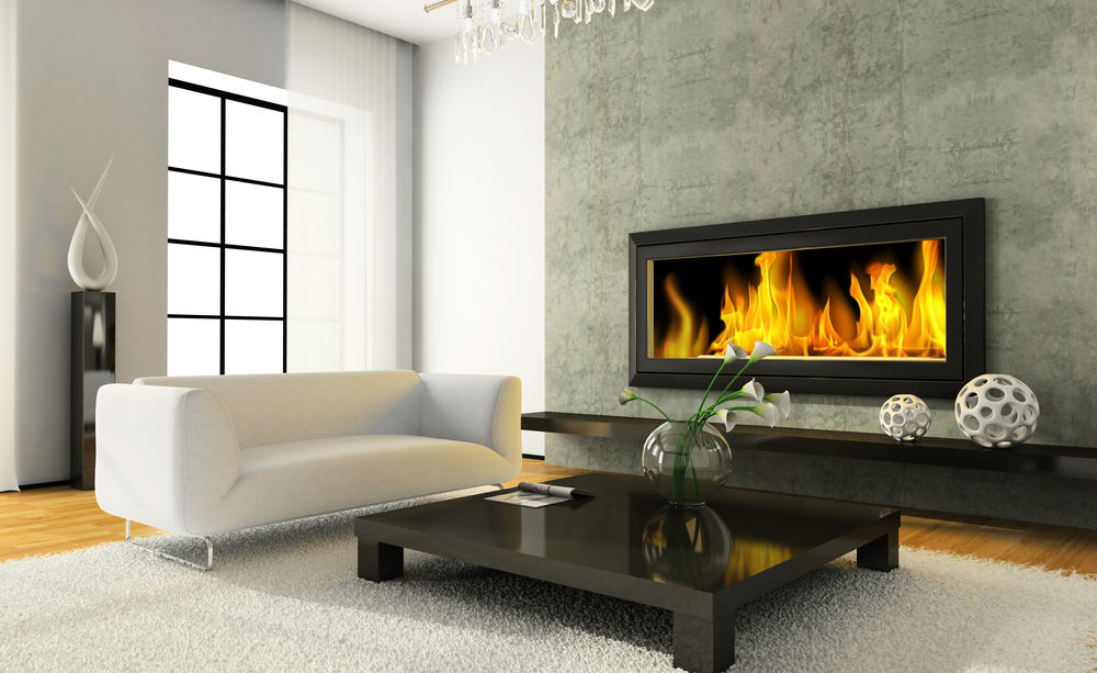 electric fireplace with concrete surround in living room