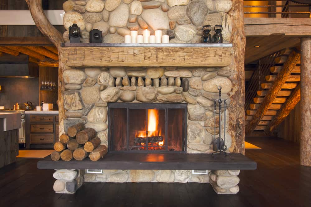 Stone fireplace in cabin