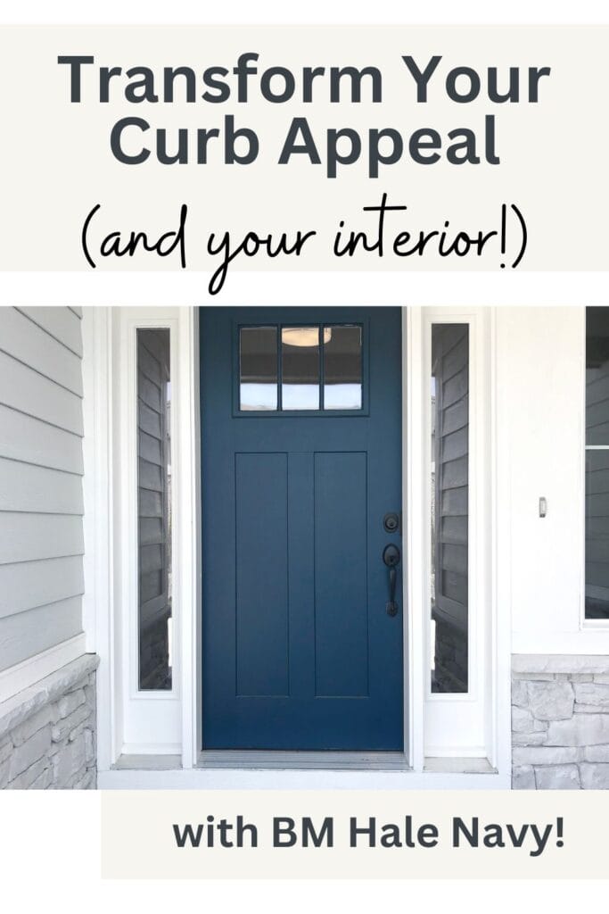 Benjamin Moore Hale Navy front door with white trim and light gray siding