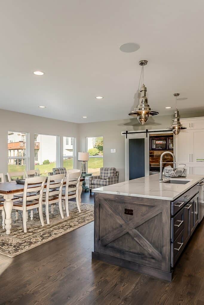 Dark LVP flooring in farmhouse style kitchen.
