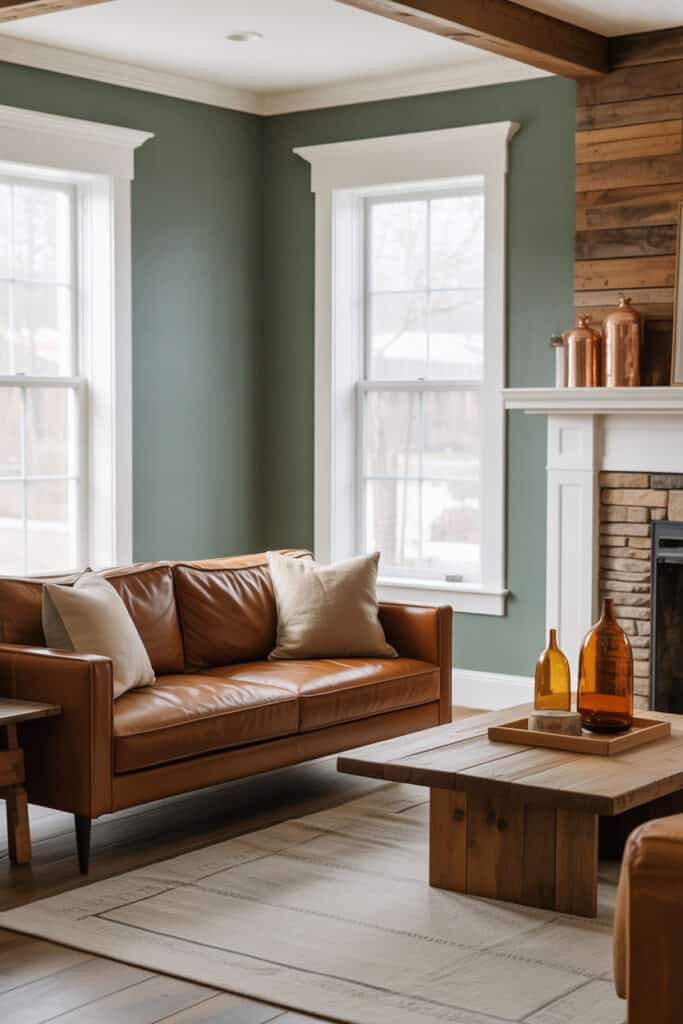 Evergreen Fog with natural stone fireplace