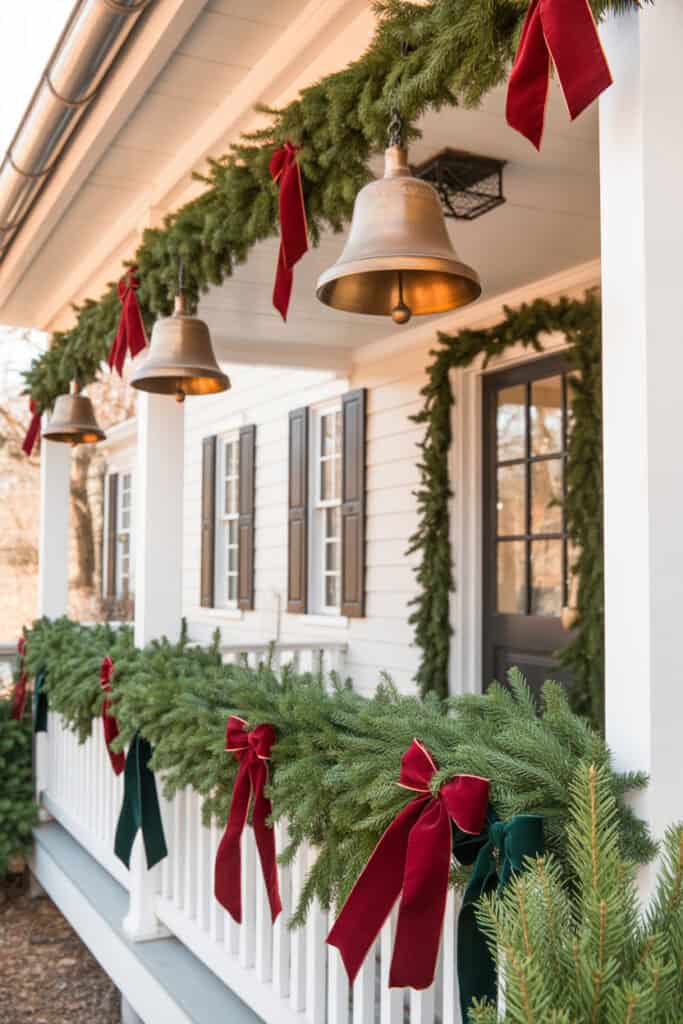 holiday porch decor with greenery, oversized bells, and velvet bows