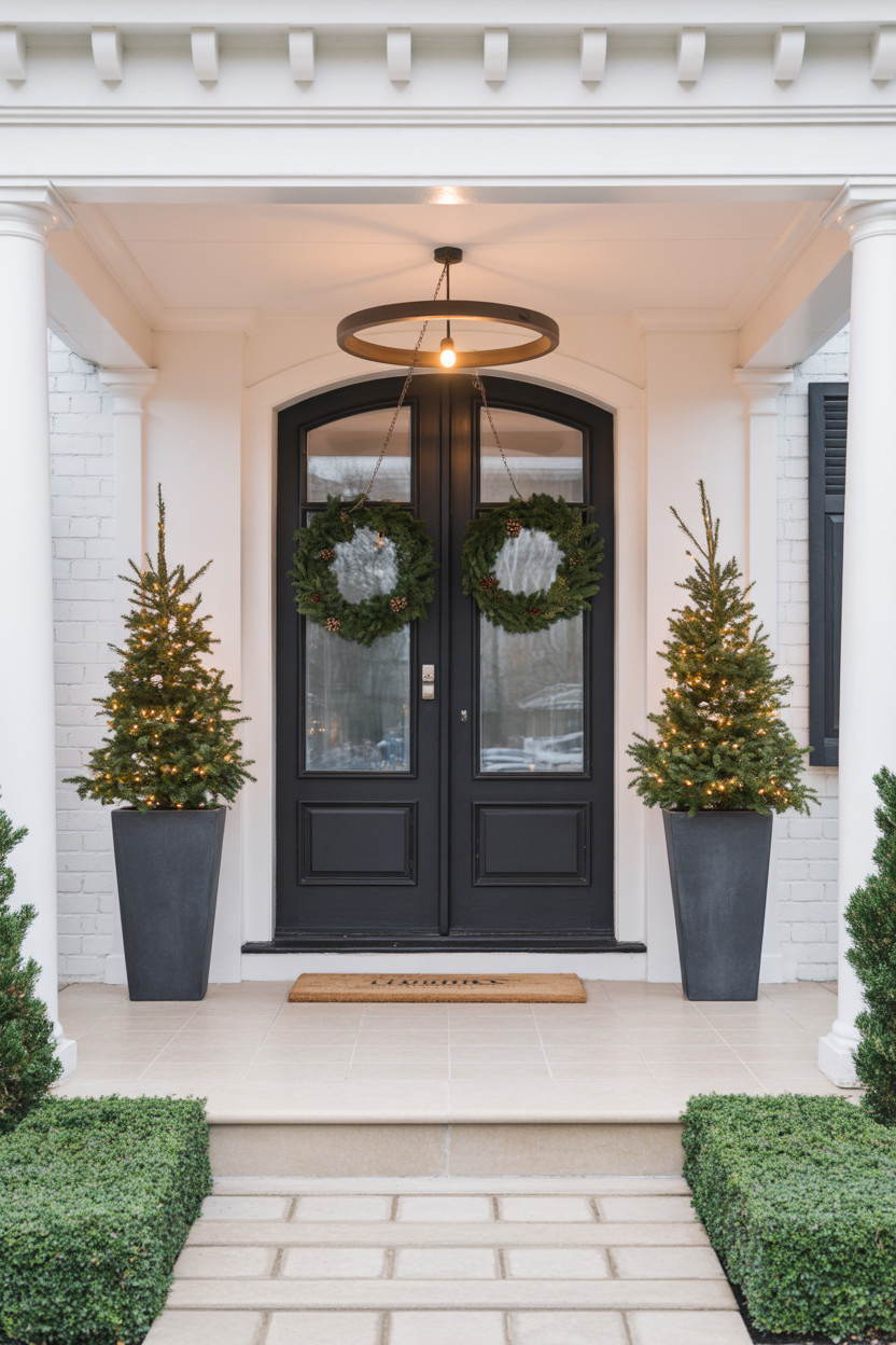 luxury front porch decorated for Christmas