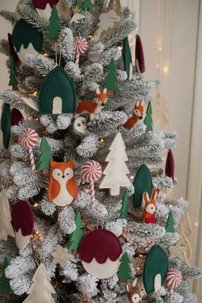woodland themed flocked Christmas tree