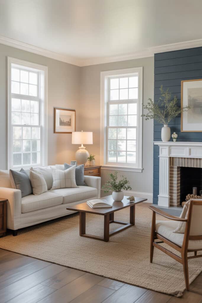 Pale Oak walls with Hale Navy accent shiplap wall