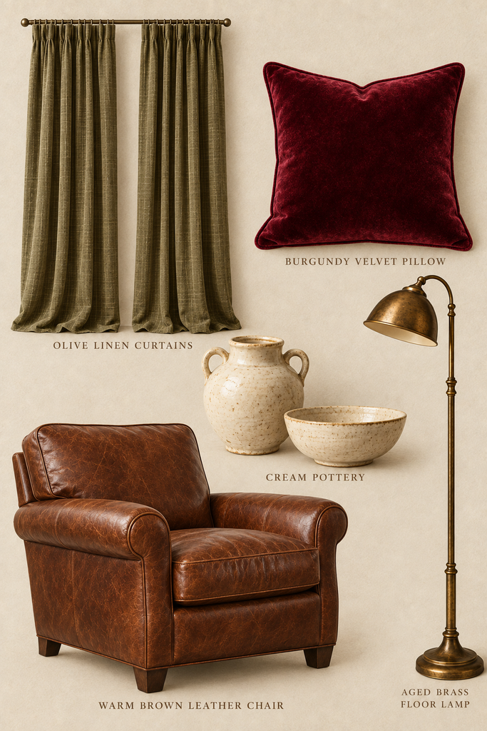 olive, burgundy, and warm brown traditional color palette